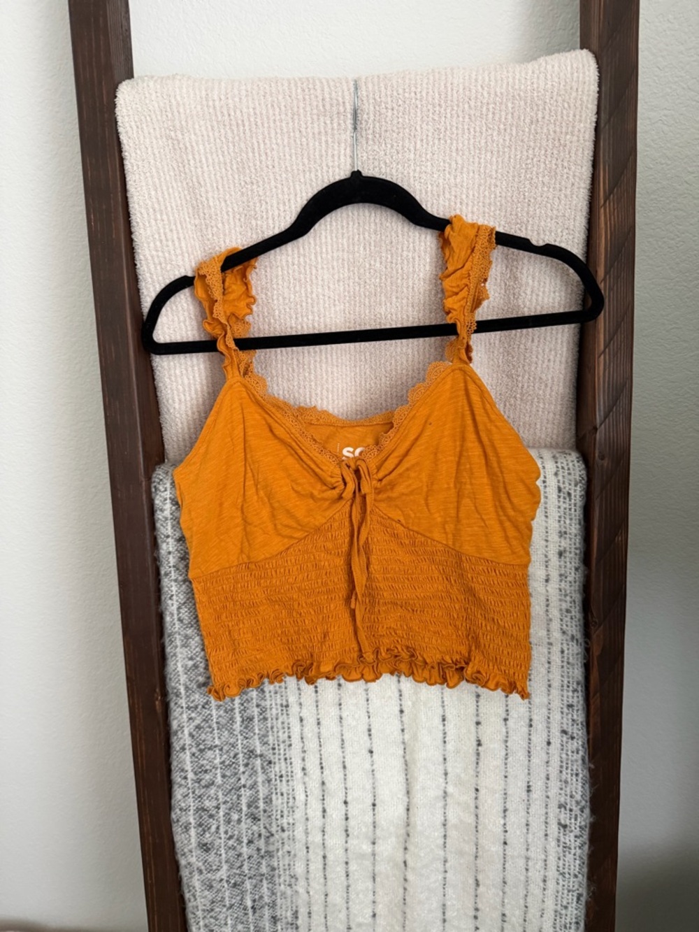 SO Ruffle Strap Tie-Front Cropped Camisole - Mustard
